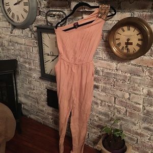 Bebe beige jumpsuit XS one shoulder